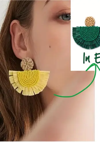 Emerald Beaded Raffia Statement Earrings Green