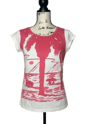J.Crew Women’s Palm Print Graphic Tee Sz S – Pink & White Tropical Summer Top