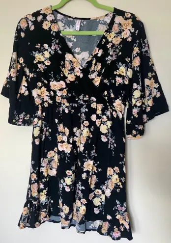 Xhilaration Floral Black Dress With Cinched Waist And V Neck - XS