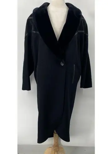 Vintage Wool Coat Oversized Faux Fur Collar Suede Leather Detail Black Womens XL