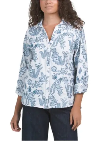 Calypso St. Barth Embroidered Shacket Shirt Button Up Blue White Linen Cottage