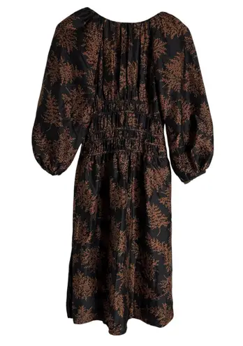 Rebecca Taylor Arden Black Floral Blouson Sleeve Scoop Ruched Silk Midi Dress XS