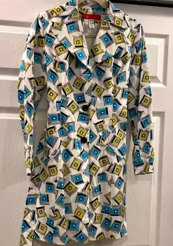 Anne Klein Mod Print Coat Geometric Retro Long Jacket Color Block Graphic S White