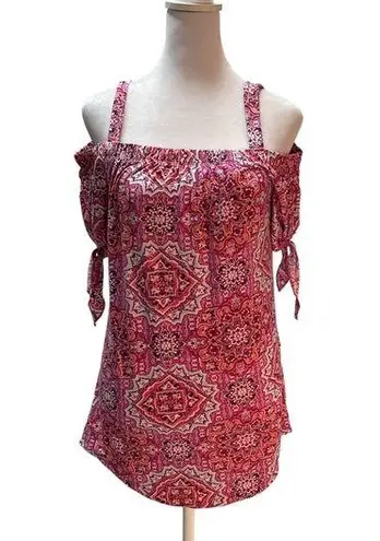 Brooks Bobbie  Pink White Green Paisley Print Off the Shoulder Short Sleeve Top S