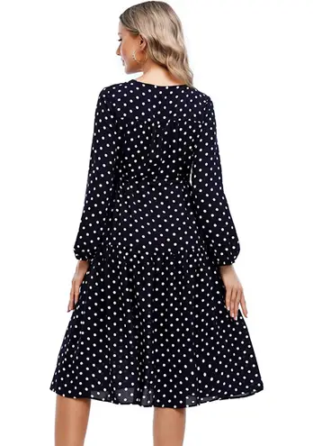 V Neck Loose Midi Long Sleeve Dress with Navy & White Polka Dots Plus Size Small