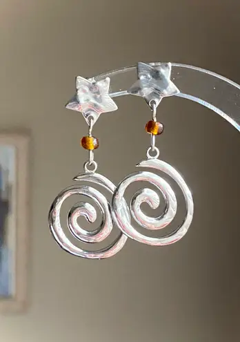 Handmade retro vintage boho funky grunge style stainless steel star & swirl dangle earrings☀️🌀