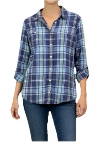LL Bean Womens Blue Plaid Madras Cotton Button Up Shirt Size LARGE