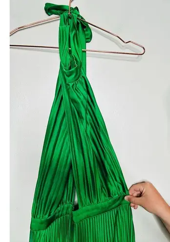 L’IDEE Bright Green Renaissance Mock Neck Pleated Satin Midi Dress Size 12