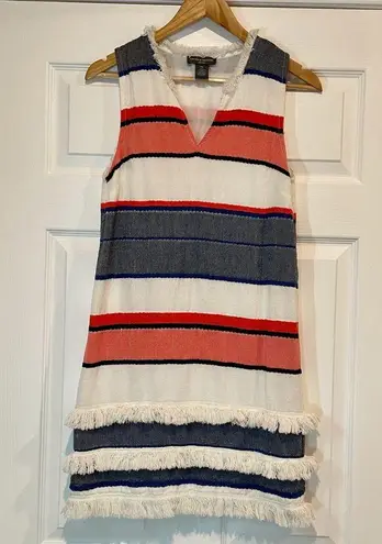 Chelsea & Theodore Woven Striped Fringe Trim Shift Dress 100% Cotton Size SP Blue