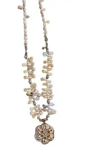 Keshi pearl & sacred OM mandala w/ unique charms along the string of pearls