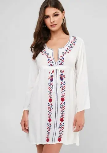 Boho Embroidered Tunic Dress OS/L Floral Plunge Neck Tunic Swim Coverup Kaftan White Size L
