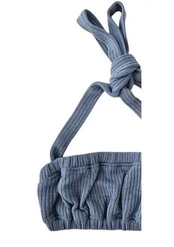 We Wore What NWT Wide Rib CrisCross Back Tie Halter Bra Top Elastic Trim XS Blue