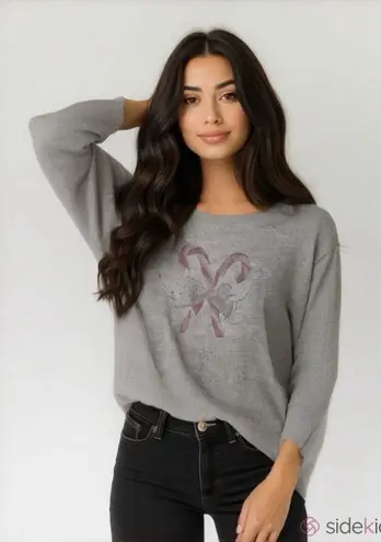 One World Womens Top XL Gray Beaded Bling Candy Canes Bow Holiday Blouse