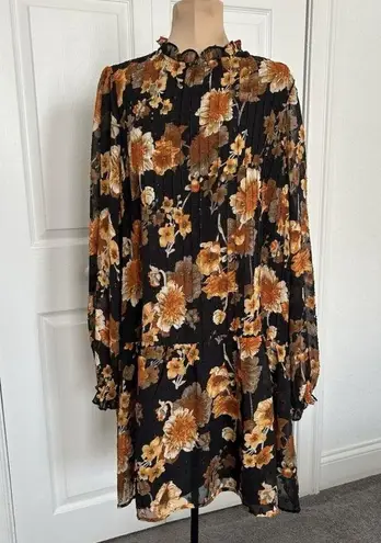 MELLODAY Black Muti-color Sheer Floral Print Pleated Long Sleeve Mini Dress Sz L