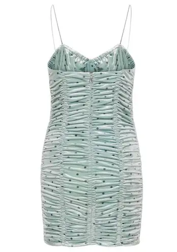 NWT Rotate Birger Christensen Aria Ruched Polkadot Velvet Mini Dress in BlueSurf Green Size 6