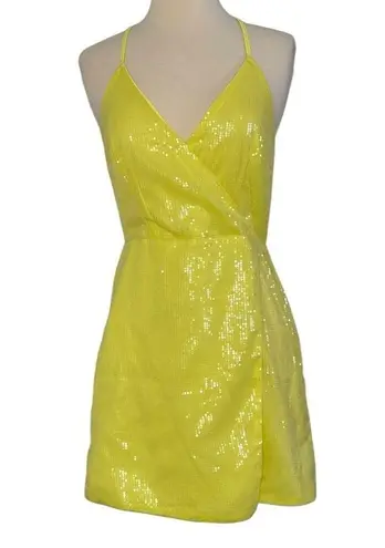 LULUS Brightest Idea Neon Yellow Sequin Bodycon Mini Wrap Dress Party Club Sz S