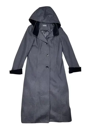 Donnybrook Coat Womens Large Wool Blend Hooded Velvet Trim Button Front Long Gray