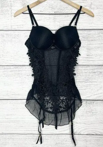 Sheer Black Lace Bustier Lingerie with Floral Appliqué and Garter Straps Size XL