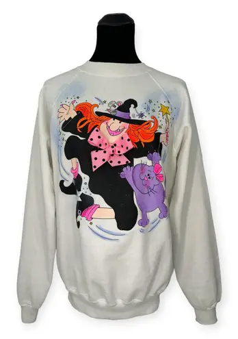 VINTAGE Dead Stock XL Handpainted by I'm Yours Halloween Witch Sweatshirt White