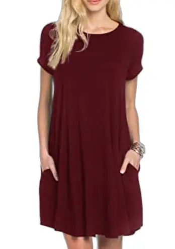 T Shirt Dress Womens XS Burgundy Red Swing Loose Casual Flowy Swing Tunic B2