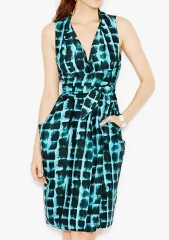 Rachel Roy Teal Blue Printed Robe Wrap Sleeveless Sheath Dress Size 8