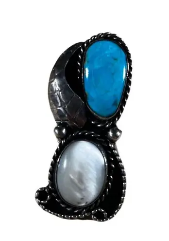None Huge Vintage Sterling Silver Mother of Pearl Turquoise Ring Southwestern Sz 6.25