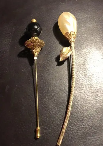 Vintage Stick Pins Hat Scarf Pins Pearl Gold Filagree Black Bead 6" Bundle Lot 2 White