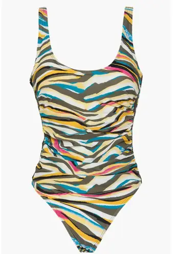 DKNY  Animal Print Multi Mesh Side-Stripe Ruched One-Piece Swimsuit Size 10 NWT