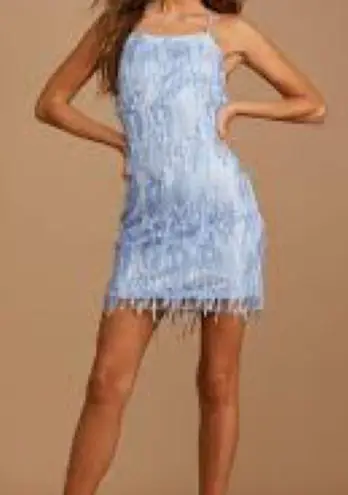 Lulus Making Magic Strappy Mini Dress XL Shimmery Fringe Ice Blue Criss Cross