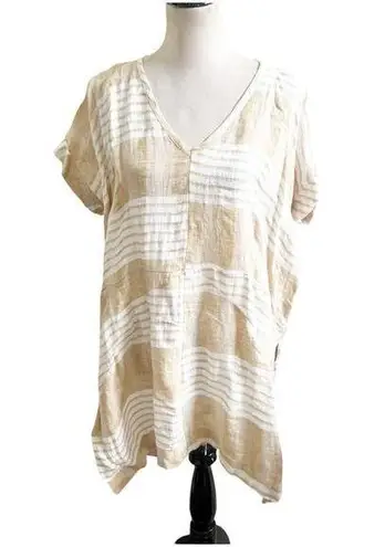 Akemi + Kin Anthropologie 100% Linen Tunic Tan White Size Small Oversized Fit