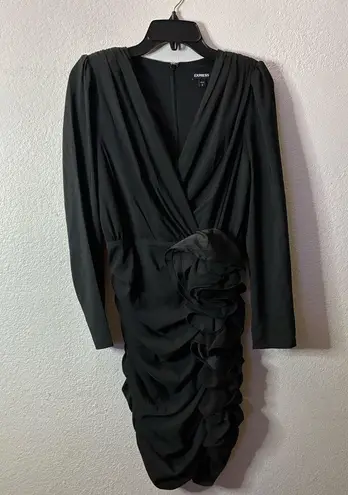 EXPRESS 🆕 Black Long Sleeve Elegant Design Wrap Flower Rouched Dress S🆕