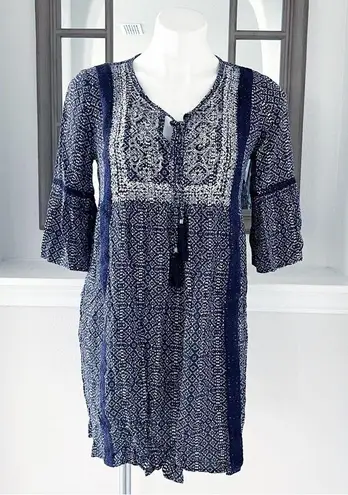 Artesia Boho Dress Casual Mini with Neck Ties Tassels Navy Cream Size S