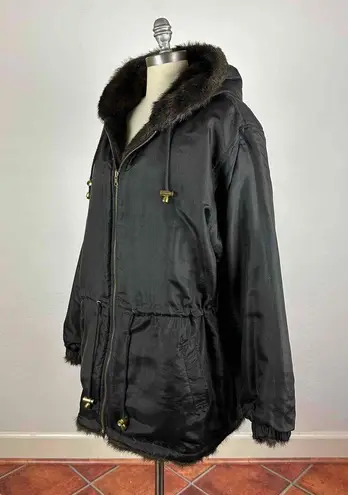 Charles Klein Hooded Reversible Faux Fur / Silk Coat Size 3X Black