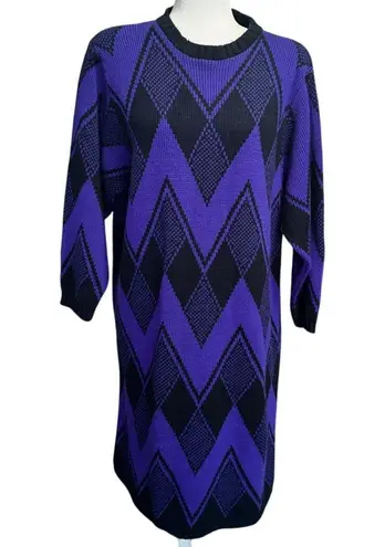 Vintage 1980s Limited Express Sweater Dress Purple Black Chevron Argyle Knit Size L