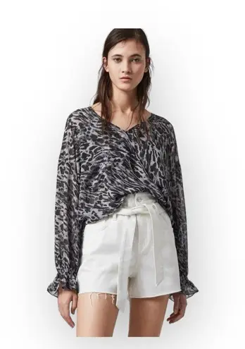 ALLSAINTS new ✽ Penny Ambient Chiffon Surplice Top ✽ Pale Grey Leopard Print ✽ S