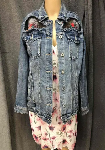 Arizona Jeans Arizona Jean Co Blue Distressed Denim Jacket Embroidered bodice Womens Small