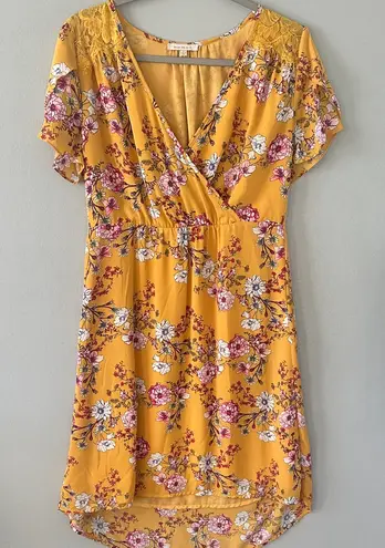 Skies Are Blue Mustard Yellow Floral Print Wrap Style Short Sleeve Dress