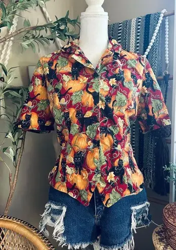 Vintage Handmade Halloween Whimsical Pumpkin Black Cat Frog Button Up Shirt Red Size M