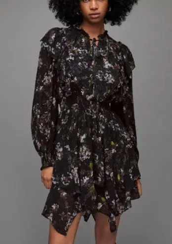 ALLSAINTS Elise Viola Dress Black Floral Mini UK 8 US 4 Romantic Goth Ruffle