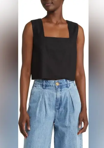 Treasure & Bond Black Square Neck linen Blend Sleeveless Crop Tank Top