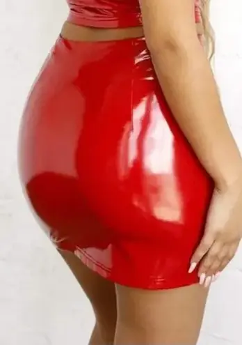 Bear Dance Red Faux Leather Slim Mini Skirt