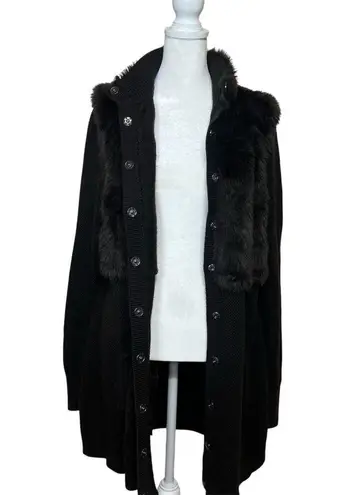 Tahari Wool Faux Fur Full Snap Long Black Mixed Media Sweater Shacket Size Small