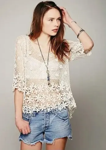 Flower Crochet Top Womens OSFM Ivory 3/4 Sleeve Boho Festival Fairy Beachy Party Size undefined