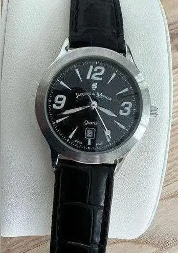 Jacques Du Manoir Ladies Watch Rare Black Leather Strap Date Window Quartz