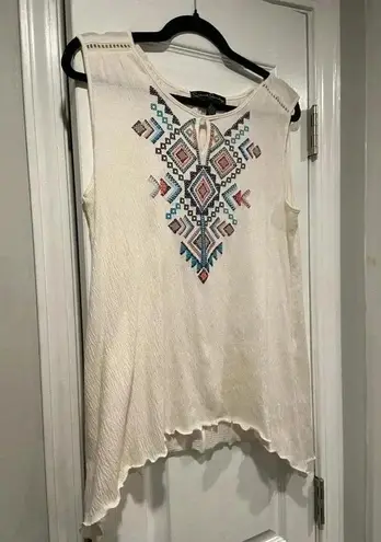 French Laundry Cross Stitch Printed Keyhole Neck Eyelet Boho Tank Top Size L