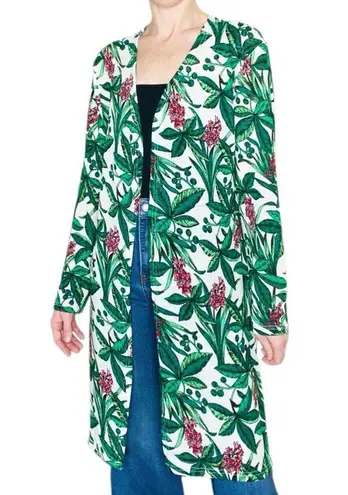 Periwinkle Green Leaf Floral Tropical Printed Long Open Cardigan