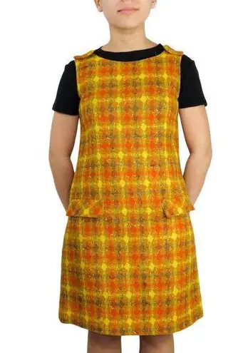 1970s Vintage Handmade Retro Plaid Orange Yellow Overall Dress Mini Dress Small Size M