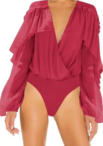 Skyler Rose Long Sleeve Wrap V Neck Ruffle Bodysuit Jumpsuit Sexy Drape Blouse