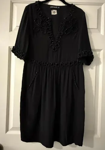 Antik Batik Dress Sz M 40 Short Sleeve 100% Silk Beaded Has Pockets Black Size M