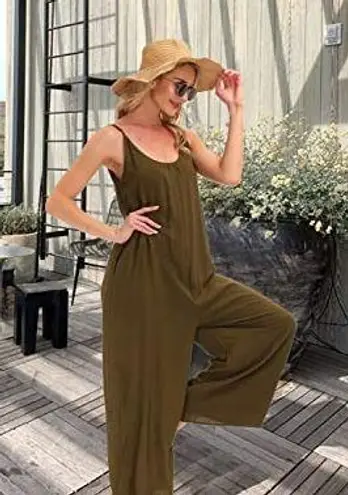 Wexcen -- Solid Color Jumpsuit Casual Rompers with Wide Leg Pants with Two Pockets